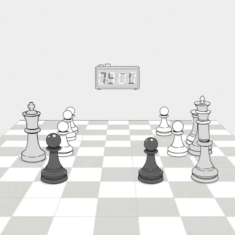 A chessboard with AI-controlled pieces facing off against human-controlled pieces, with a digital clock counting down to zero.