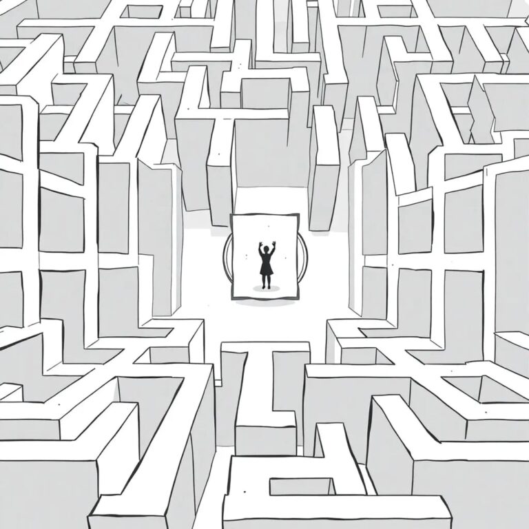 A labyrinthine maze with a central, ever-changing AI-controlled mirror