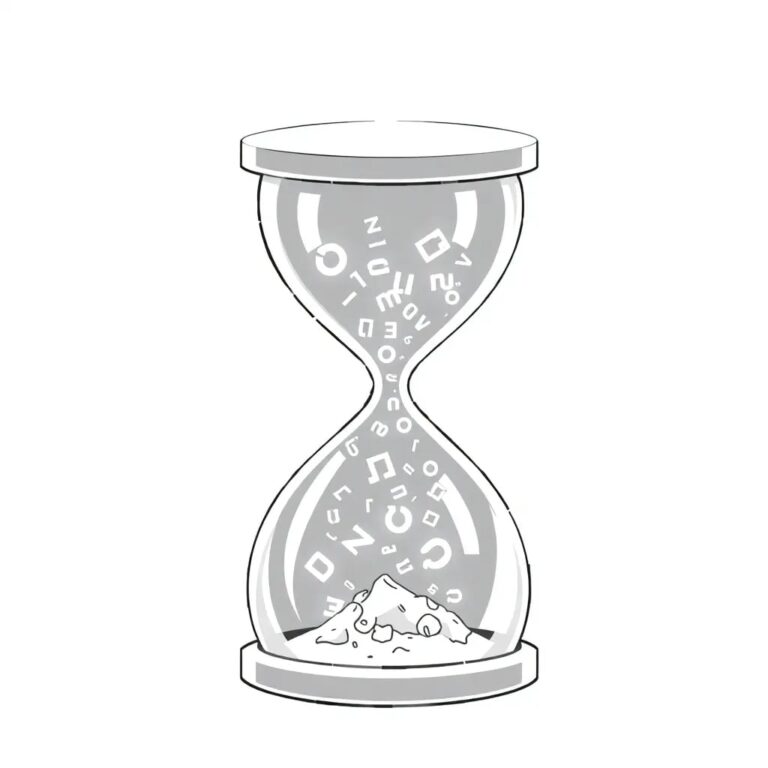 A futuristic, transparent hourglass filled with glowing, swirling code fragments