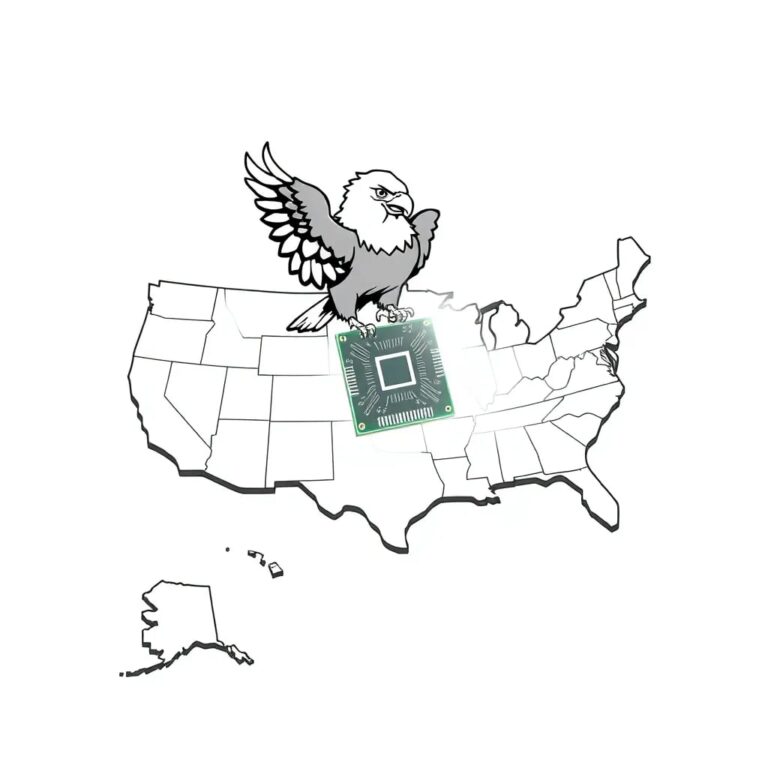 A shattered state map puzzle with a federal eagle perched on top, holding a glowing AI circuit board in its talons