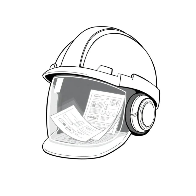 A futuristic hard hat with an integrated holographic display showing blueprints and legal documents
