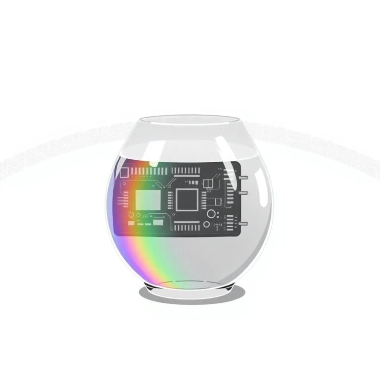 A glass prism reflecting a digital circuit board, casting a spectrum of colors onto a transparent, holographic globe.