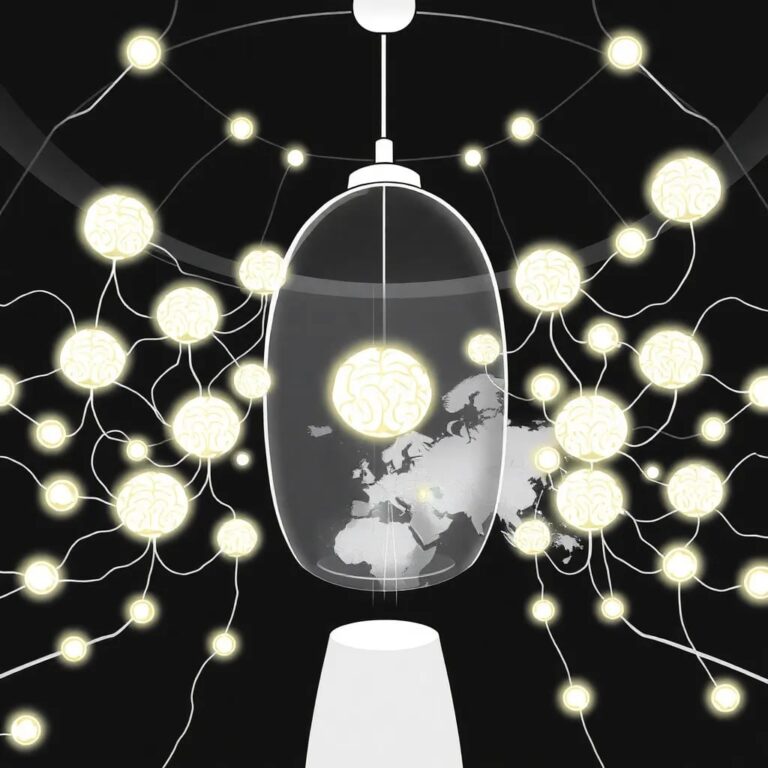 A futuristic, interconnected network of glowing, pulsating nodes shaped like stylized human brains, suspended in a glass dome, with digital tendrils reaching out towards a map of Europe and the Middle East.