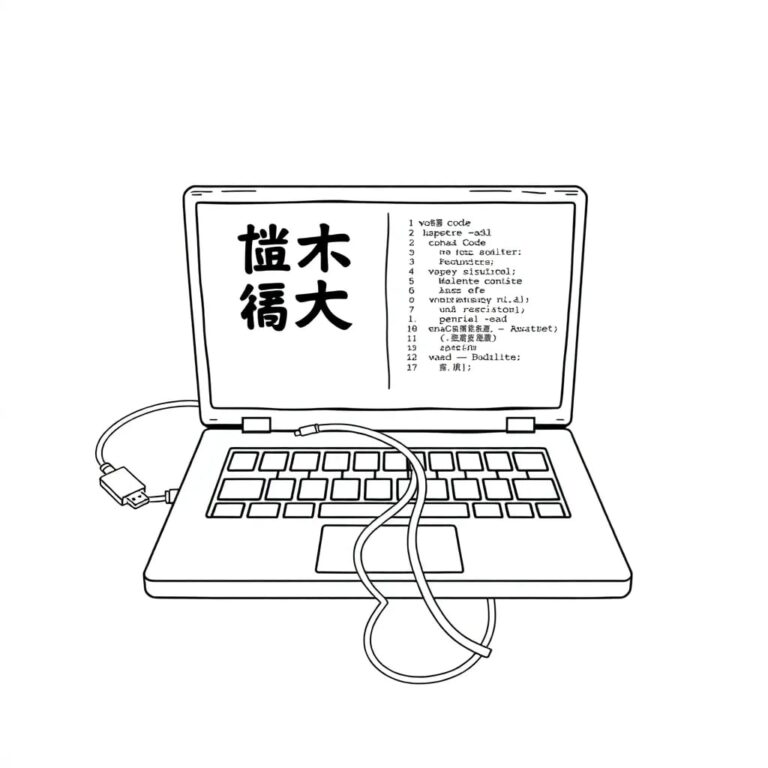 A dual-screen laptop with one side displaying Chinese characters and the other English code, connected by a physical, tangled USB cable