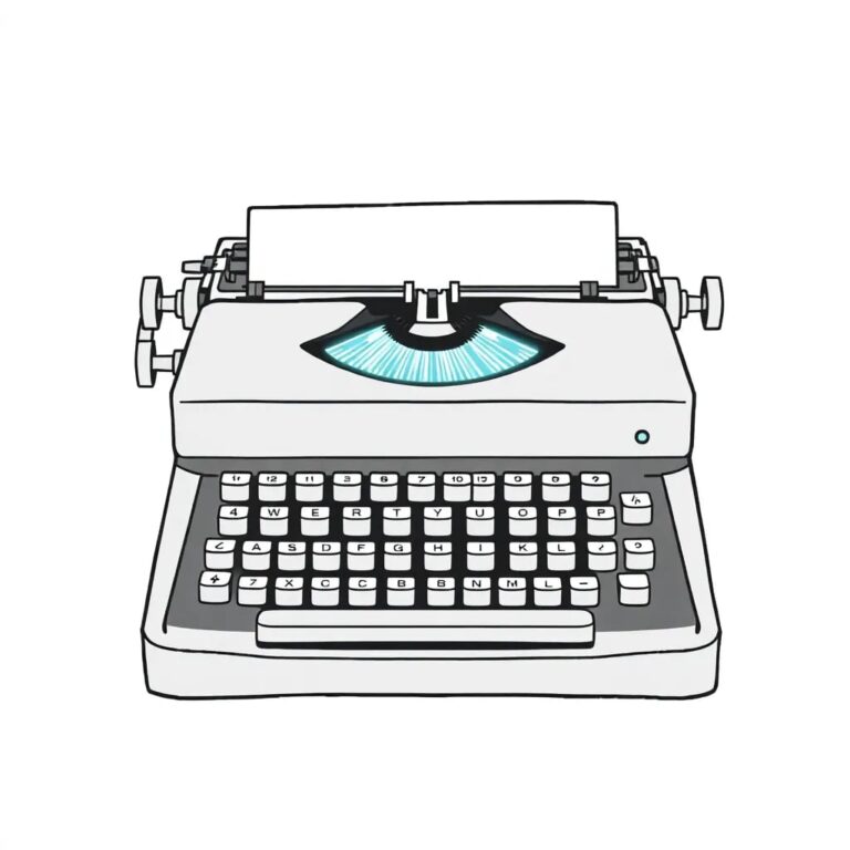 A vintage typewriter with a glowing, holographic keyboard