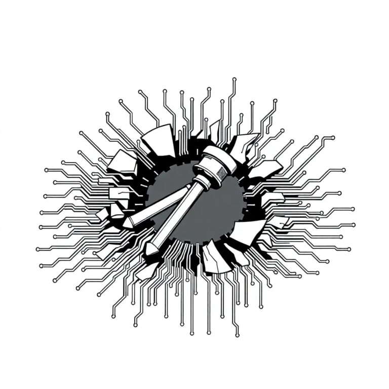 A shattered algorithmic circuit board with a gavel embedded in its center