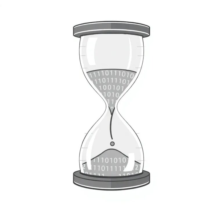 A digital hourglass with flowing binary code instead of sand