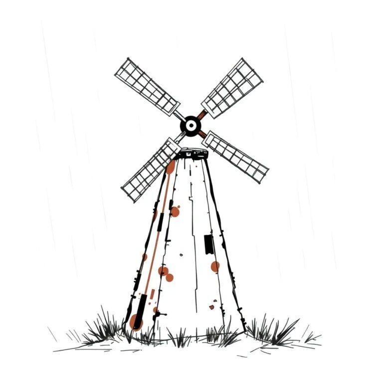 A defiant, rusted, yet resilient windmill standing tall amidst a storm