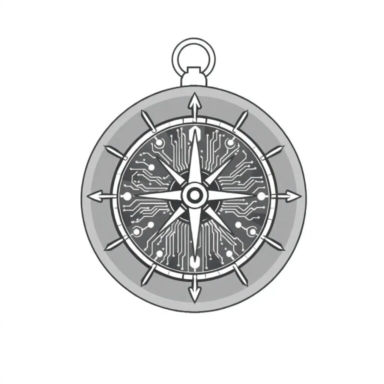 A steampunk-style compass with a human figure as the needle, always pointing towards a glowing AI circuit board
