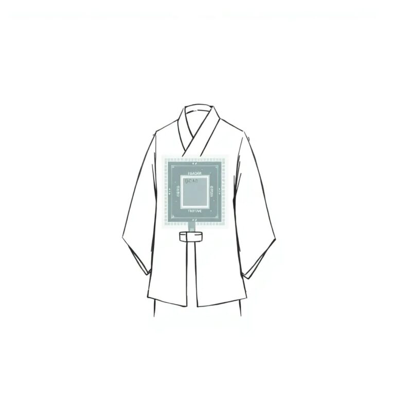 A futuristic, transparent AI chip embedded in a traditional Korean hanbok