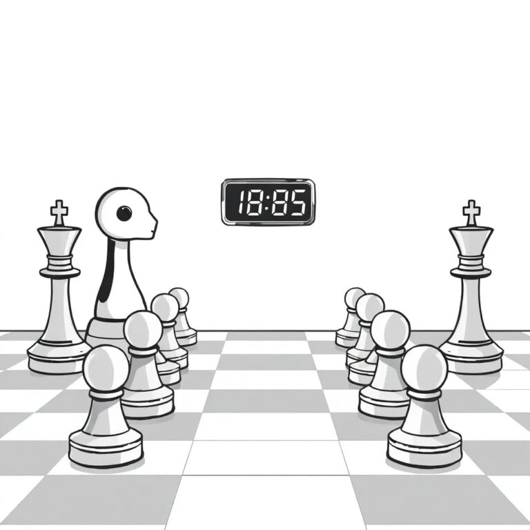 A chessboard with AI-controlled pieces facing off against human-controlled pieces, with a digital clock counting down in the center.