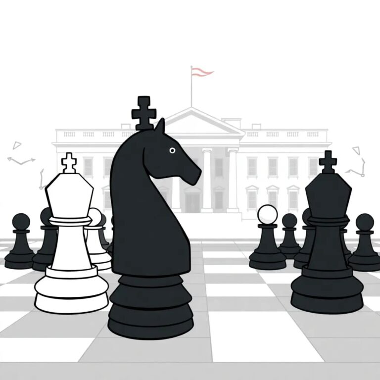 A futuristic chessboard with AI-controlled pieces facing off against traditional human-controlled pieces, set against a backdrop of the White House.