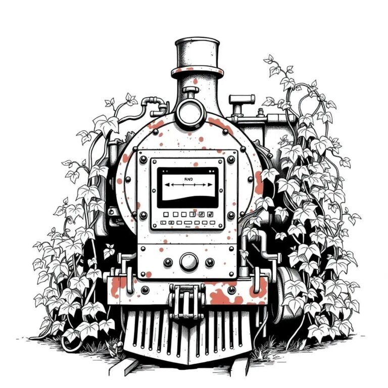 A rusted, overgrown steam engine with a digital control panel overlaid on its front, slowly being consumed by vines.