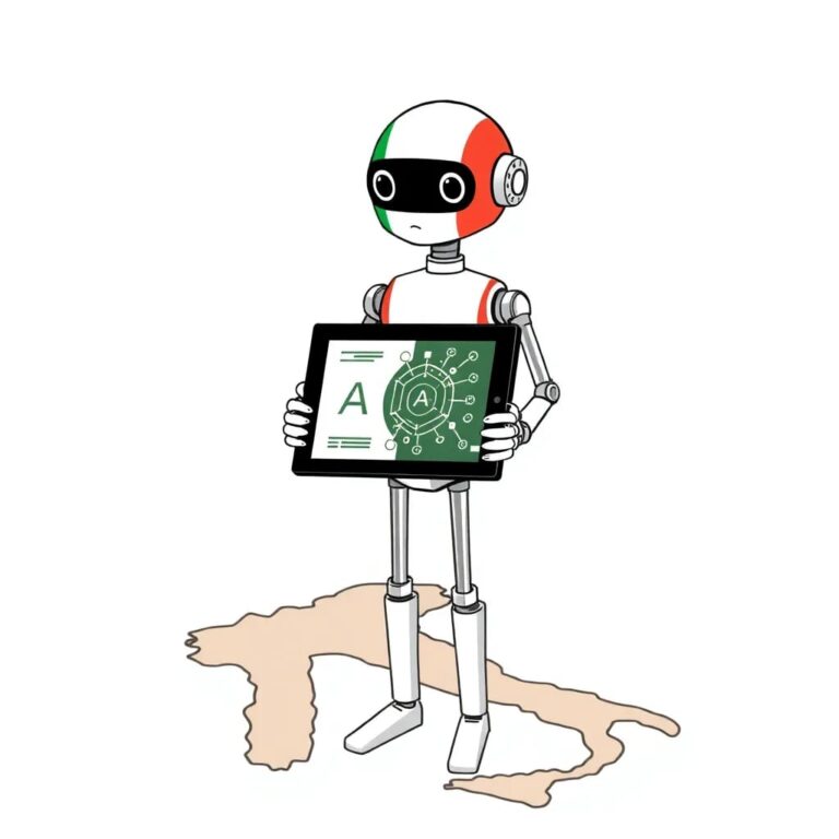 A mechanical marionette with Italian flag colors, holding a digital tablet displaying a complex AI algorithm, while standing on a map of Italy.