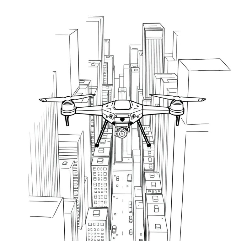 A futuristic, AI-controlled drone navigating a complex maze of corporate skyscrapers