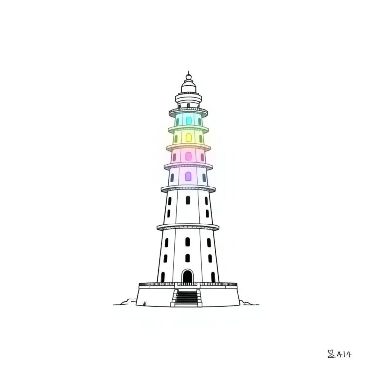 A futuristic, six-tiered lighthouse with each tier glowing in a different color, representing the six pillars of AI success, standing tall on a digital horizon