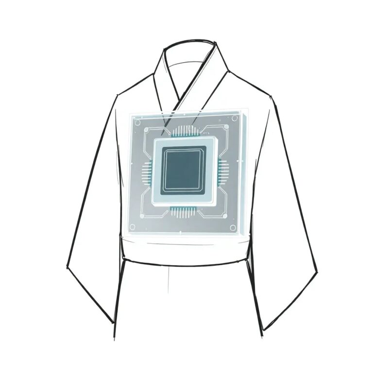 A futuristic, transparent AI chip embedded in a traditional Korean hanbok