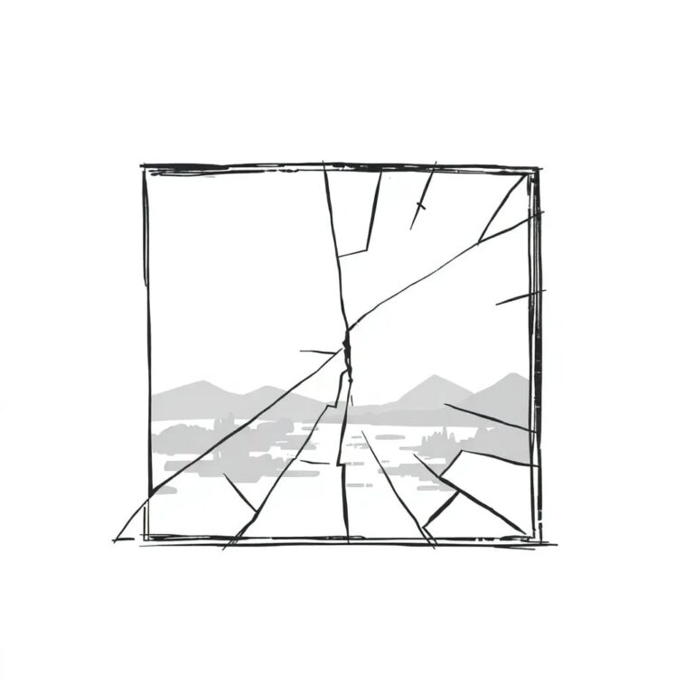 A shattered digital mirror reflecting a fragmented, pixelated landscape