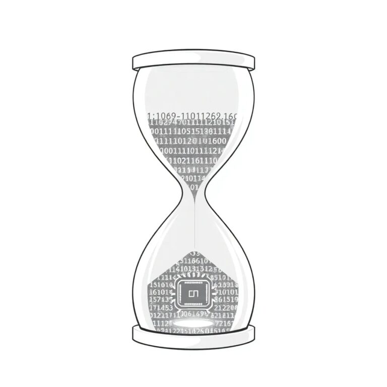 A futuristic, transparent hourglass filled with shimmering binary code instead of sand, with a glowing AI chip at its base.