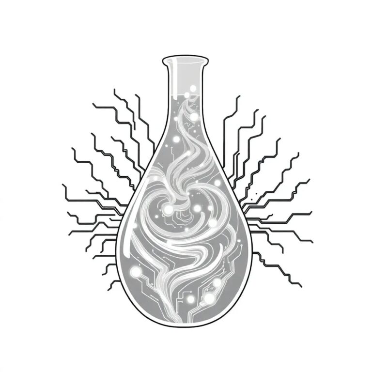 A futuristic, transparent lab flask filled with swirling, luminescent data streams, encased in a network of pulsating, organic AI circuitry.
