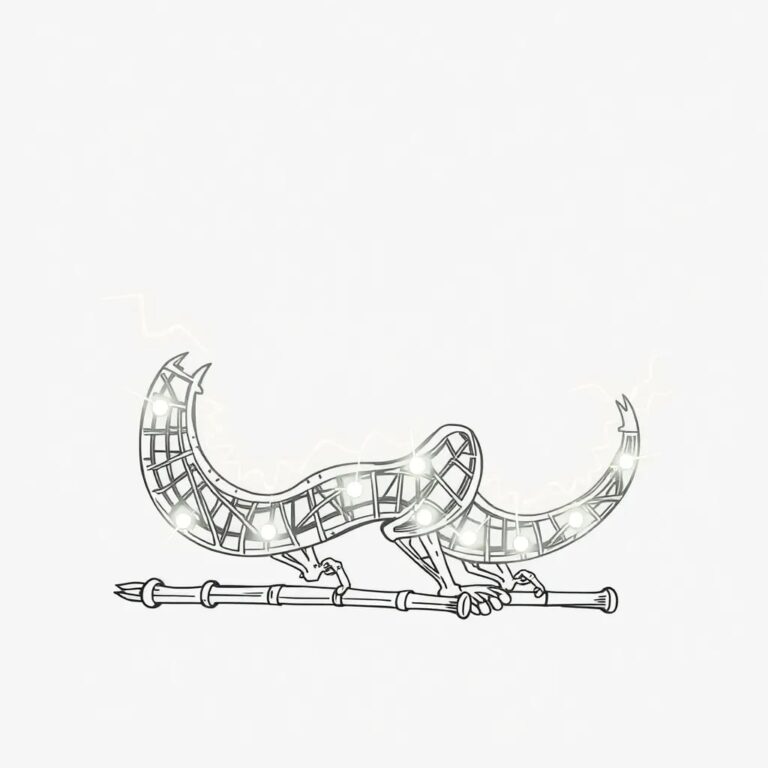 A intricately designed, glowing bamboo lattice structure with embedded, pulsating LED lights that form the shape of a dragon, symbolizing both technological advancement and cultural heritage.