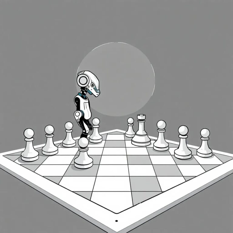 A futuristic, half-assembled chessboard with AI-controlled pieces on one side and human-controlled pieces on the other, where the AI pieces are making moves while the human pieces stand idle, awaiting governance rules engraved on the board's edge.