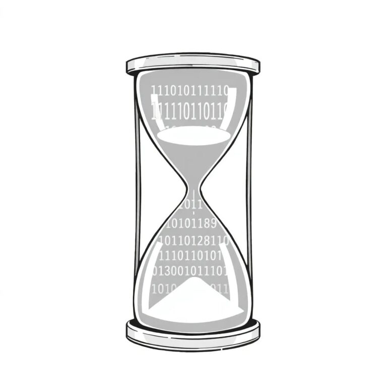 A futuristic, transparent hourglass filled with glowing binary code instead of sand