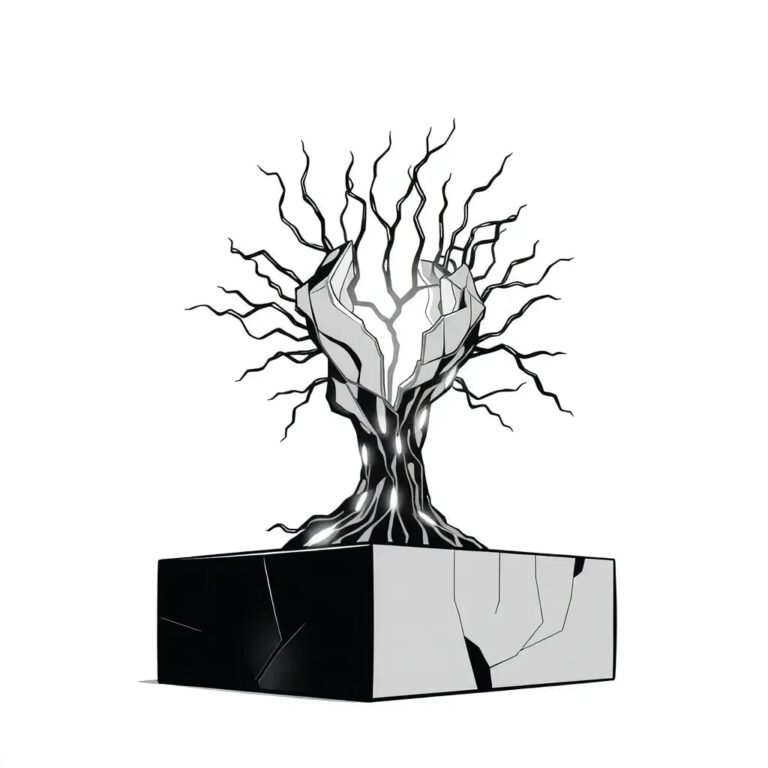 A shattered, glowing AI neural network sculpture with exposed, pulsating data veins