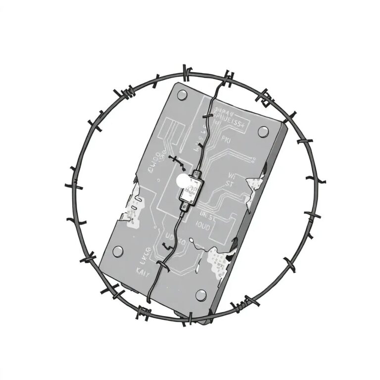 A shattered, glowing circuit board with a single, flickering LED light embedded in a tangled web of barbed wire