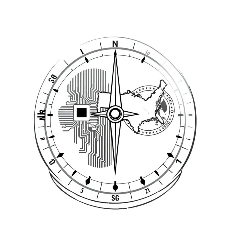 A compass with a dual-faced needle, one pointing to a digital circuit board and the other to a traditional map, encased in a glass dome with overlapping state and federal seals.