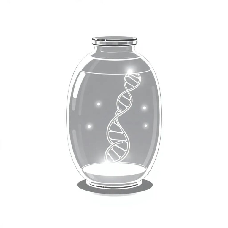 A futuristic, transparent AI neural network model encased in a glass vial, with a DNA double helix intertwined within it, floating in a glowing, ethereal liquid.