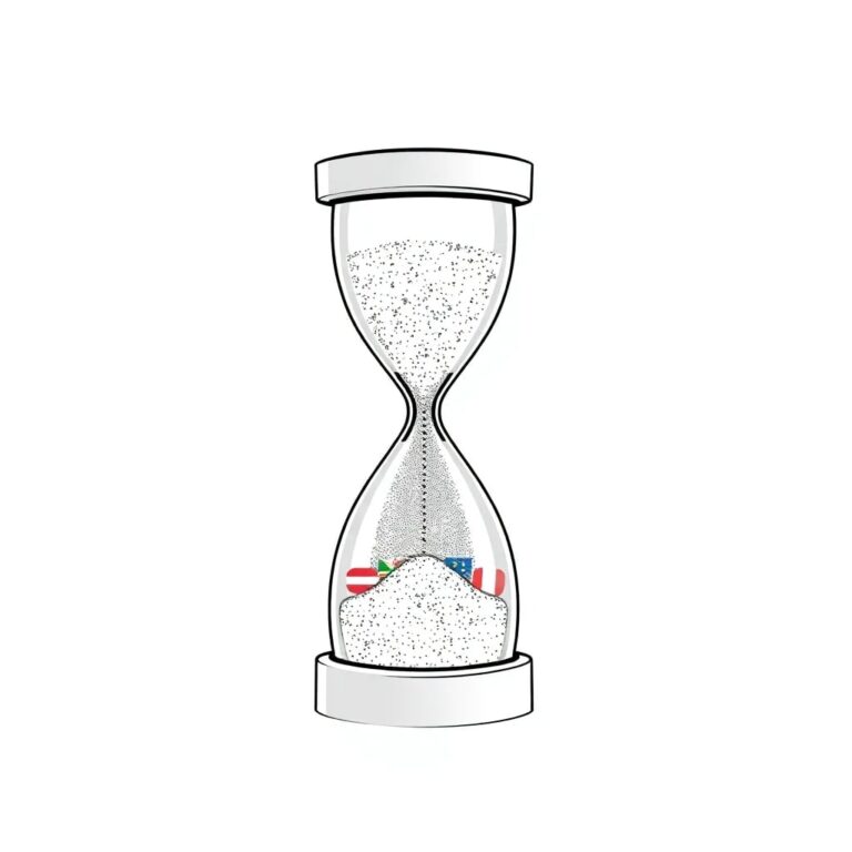 A digital hourglass with AI-generated sand particles that shift between different national flags of EU countries