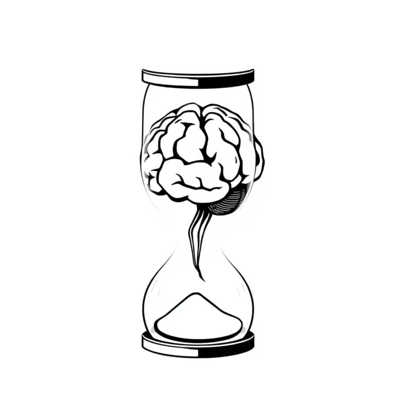 A futuristic, transparent AI brain encased in a glass hourglass with digital code flowing through it