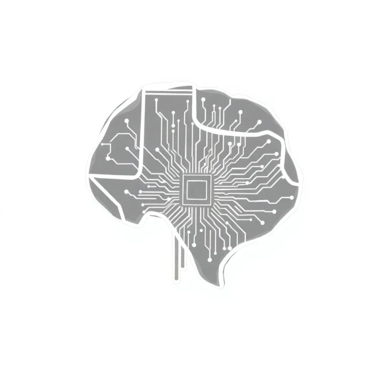 A futuristic, transparent AI brain with a Texas-shaped circuit board, glowing with dynamic, interconnected neural pathways.