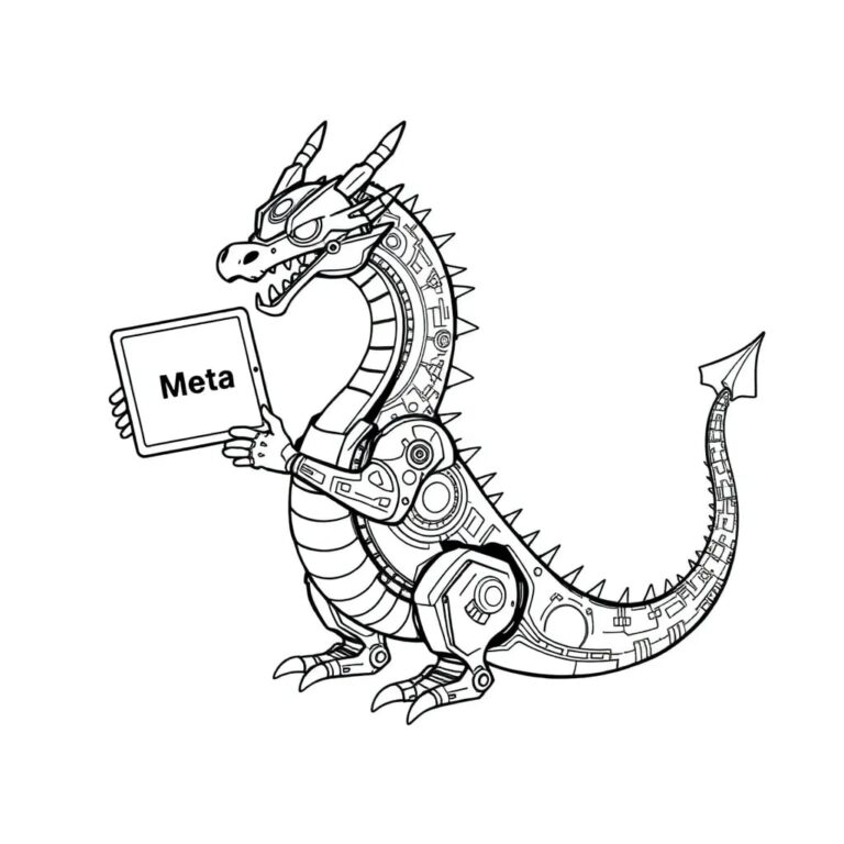 A giant, intricately designed mechanical dragon with glowing AI circuits for scales, holding a digital tablet displaying Meta's logo