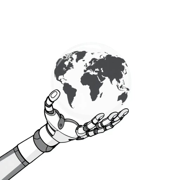 A robotic arm holding a crystal globe with a digital map of the world, where the continents are represented by fluctuating graphs of employment rates and business activity.