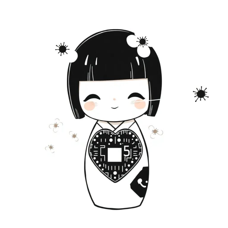 A traditional Japanese kokeshi doll with a circuit board heart and cherry blossom petals as data streams flowing from its eyes