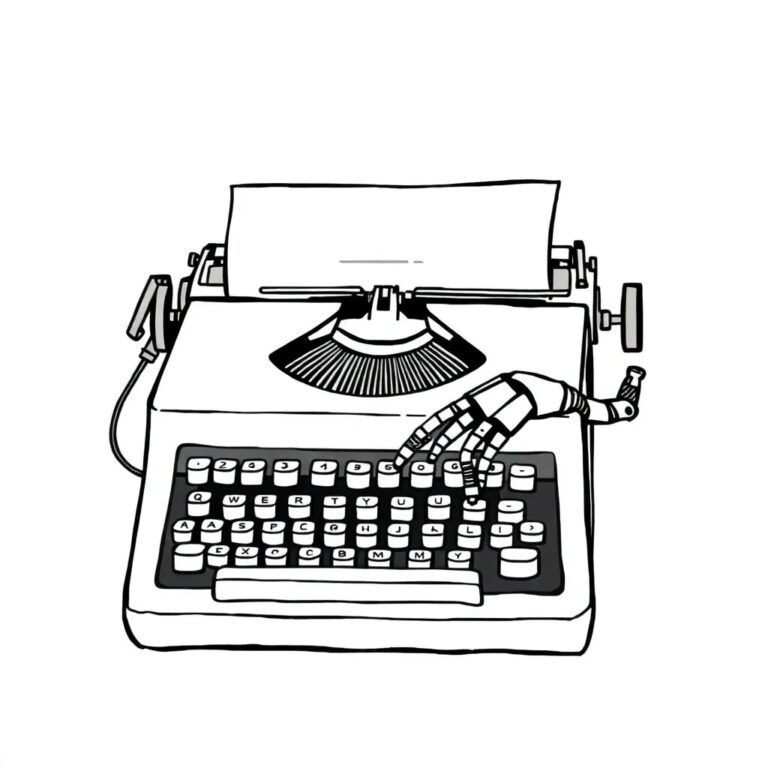 A vintage typewriter with a robotic arm attempting to type on it