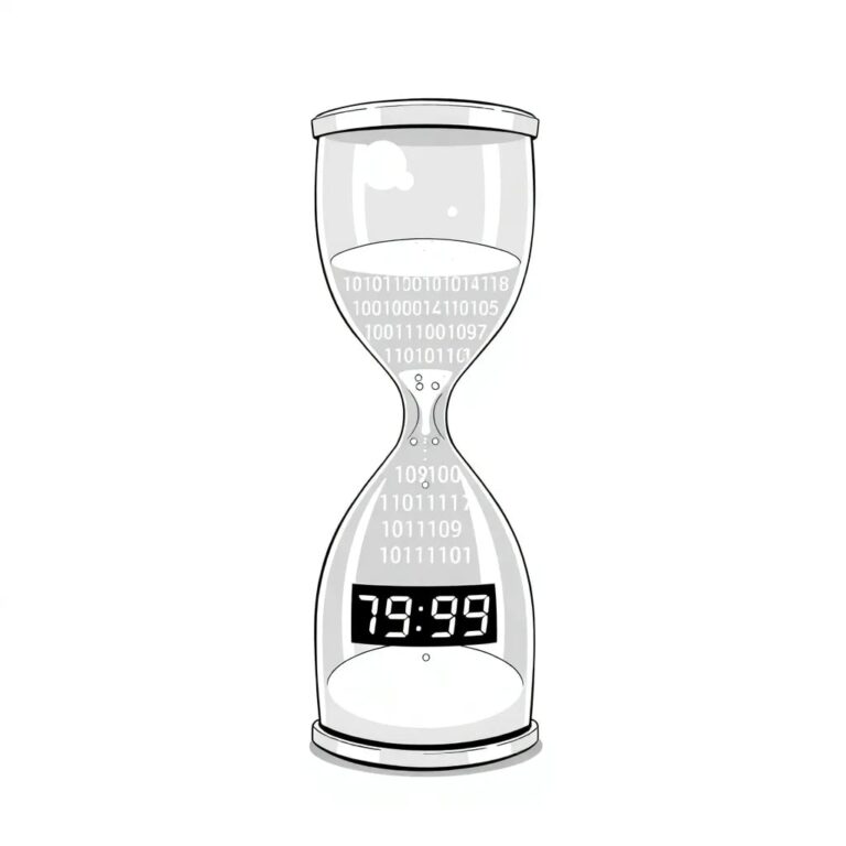 A futuristic, transparent hourglass filled with binary code instead of sand, with a digital clock face at its base displaying a countdown to the next regulatory deadline.