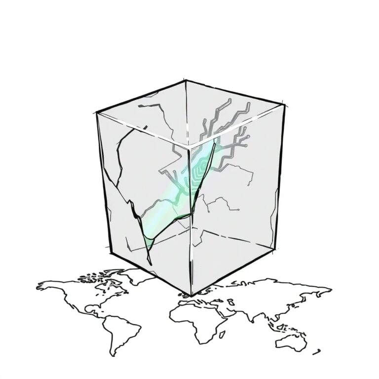 A shattered, multi-layered glass prism with AI circuitry embedded within, leaking colored light onto a world map