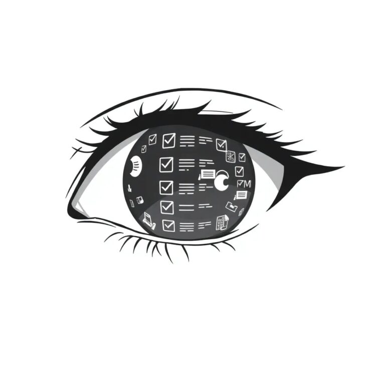 A holographic eye with a digital iris that displays a continuous stream of regulatory checklists and compliance codes.