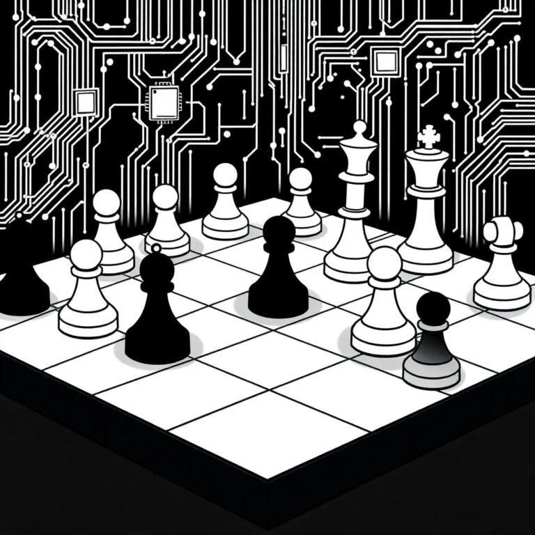 A chessboard with a digital circuit board overlay, where the pieces are replaced with microchips and AI processors
