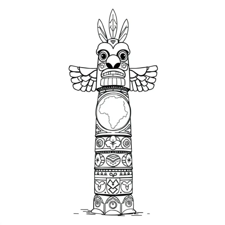 A digital totem pole with integrated AI circuitry, adorned with traditional Indigenous patterns and symbols, and topped with a glowing, interactive map of protected lands.