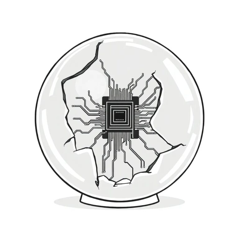 A shattered crystal globe with a glowing AI circuit board embedded within