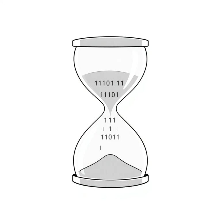 A futuristic hourglass filled with binary code instead of sand