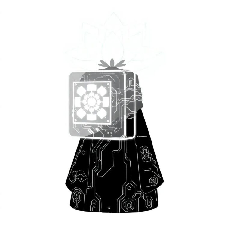 A futuristic, transparent AI chip embedded in a traditional Korean hanbok, glowing softly with intricate circuits that mimic the patterns of a lotus flower.