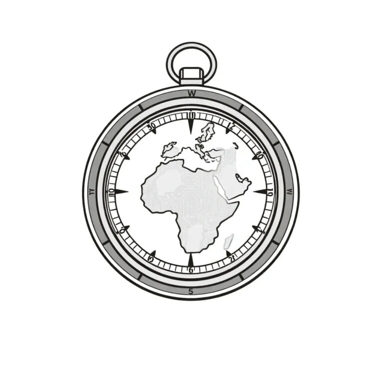 A futuristic, intricately designed compass with a digital display that shows a map of North Africa, where Algeria is highlighted with a glowing, pulsating AI circuit pattern.