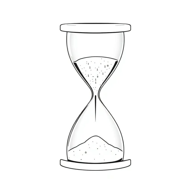 A futuristic, transparent hourglass filled with binary code instead of sand