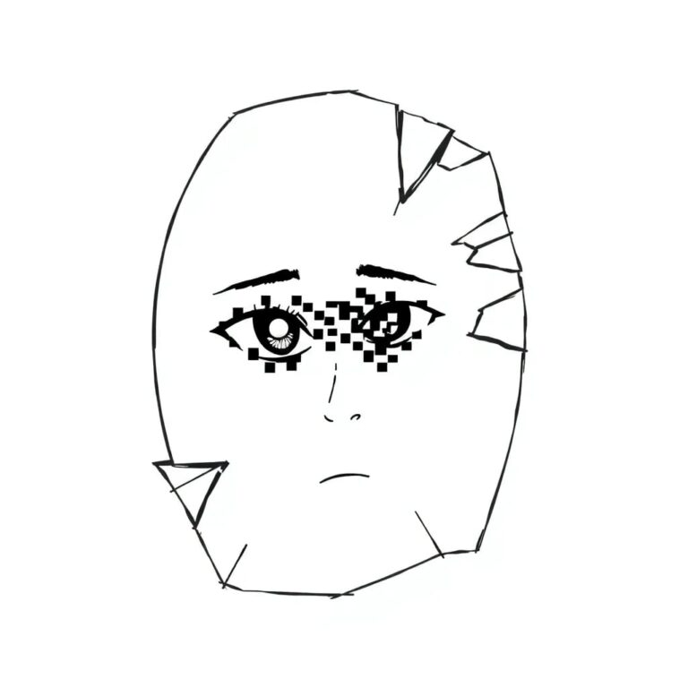 A shattered digital mirror reflecting a distorted, pixelated face