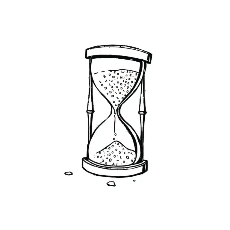 A shattered digital hourglass with binary code sand leaking from its broken glass